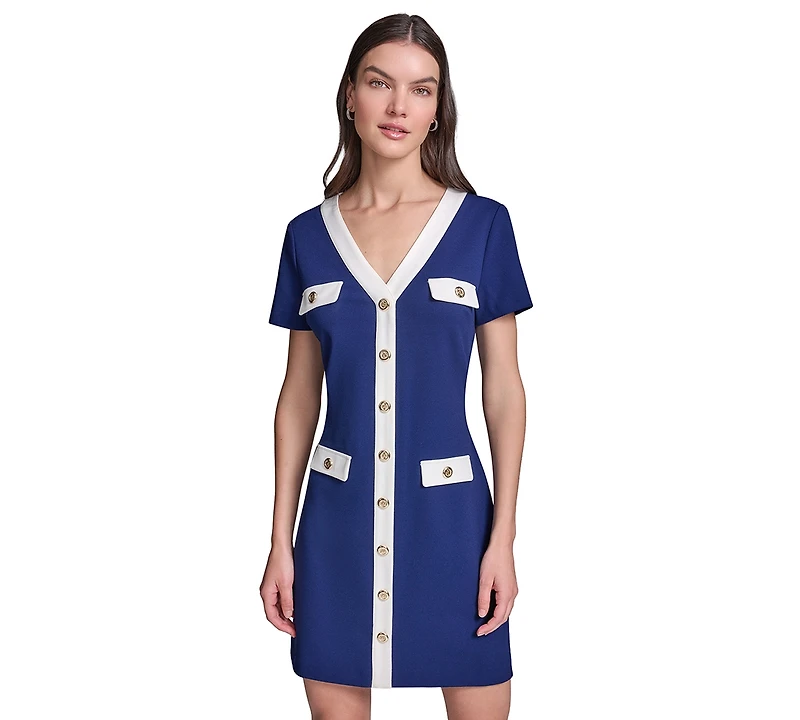 Karl Lagerfeld Paris Women's Short-Sleeve A-Line Scuba Crepe with Framed V-Neck Dress