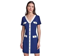 Karl Lagerfeld Paris Women's Short-Sleeve A-Line Scuba Crepe with Framed V-Neck Dress