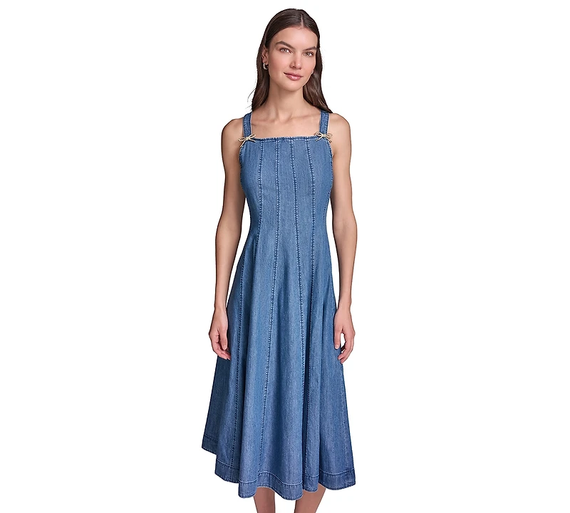 Karl Lagerfeld Paris Women's Chambray Fit & Flare Midi with Bow Pins Dress