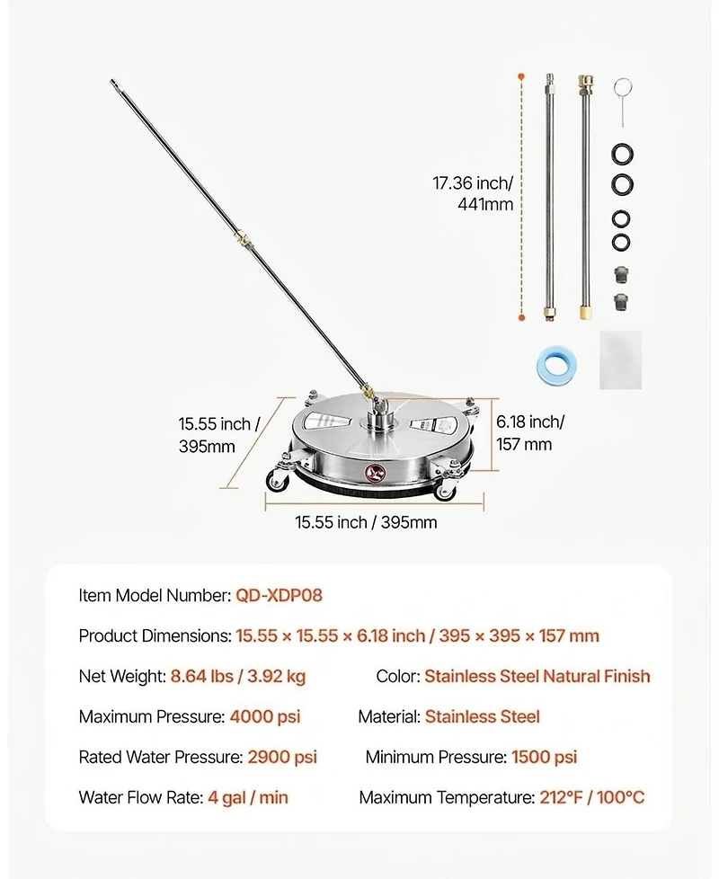 Sugift Pressure Washer Surface Cleaner, 15" Stainless Steel, 4000 Max Psi, for Concrete