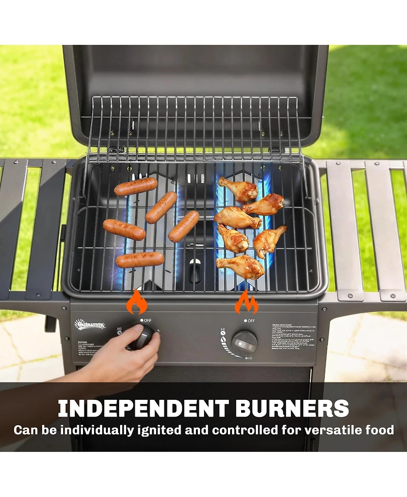 Outsunny 2 Burner Propane Gas Grill, 18000 Btu Bbq Grill with Wheels,