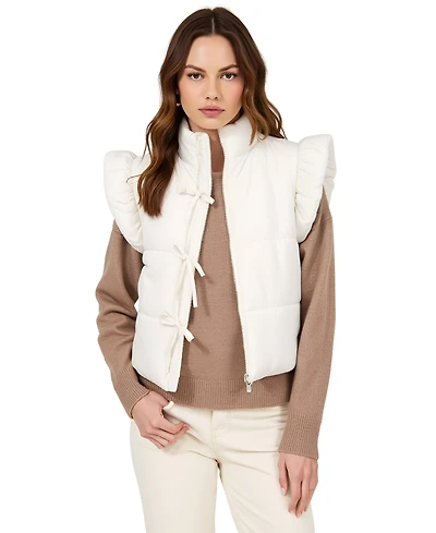 Modenaire Women's Lea Ruffle Shoulder Tie-Front Puffer Vest