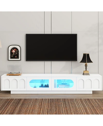 Rainsken Tv Stand with Fluted Tempered Glass Doors for TVs , Media Console Table with App-Controlled Led Light for Living Room