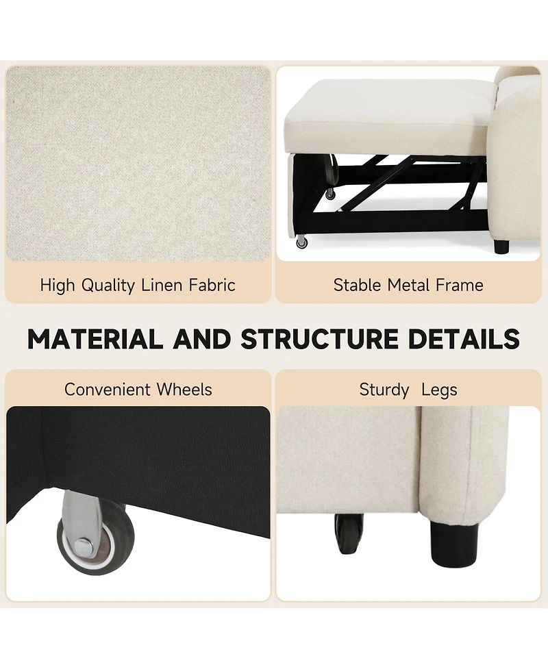 Rainsken Folding Convertible Sleeper Couch, Breathable Cotton Linen Sofa Bed with Back Pillow and Storage Side Pocket for Living Room