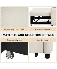 Rainsken Folding Convertible Sleeper Couch, Breathable Cotton Linen Sofa Bed with Back Pillow and Storage Side Pocket for Living Room