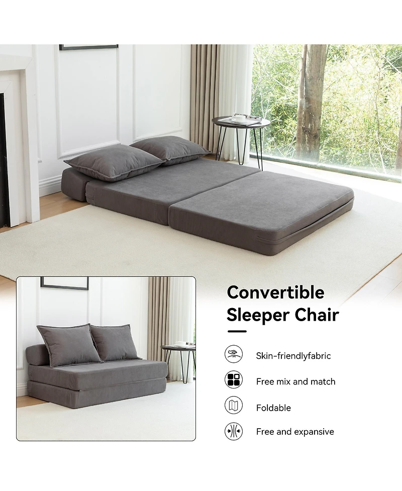 Rainsken Foldable Sofa Bed, 47.6'' Convertible Sleeper Chair, Corduroy Boneless Couch with 2 Pillows for Living Room, Home Office
