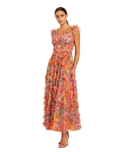 Mac Duggal Petite Multicolor Floral V-Neck Ruffle Maxi Dress