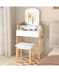 Sugift Adjustable Height Vanity Desk Set with 3-Color Led Lighted Mirror and Drawers
