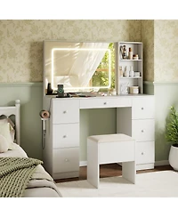 Sugift Vanity Desk with Mirror and Lights Makeup Dressing Table Vanity Table and Stool Set