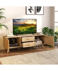 Sugift Rattan Tv Stand for 65-Inch Tv with Drawers and Solid Wood Legs