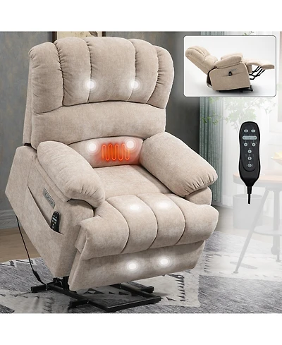 Flynama Seat Width and High Back Large Size Beige Chenille Power Lift Recliner Chair with 8-Point Vibration Massage and Lumbar Heating