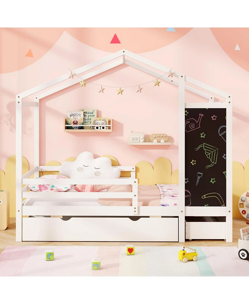 Sugift Kids Twin Bed with Storage Drawers Solid Wood Blackboard Headboard