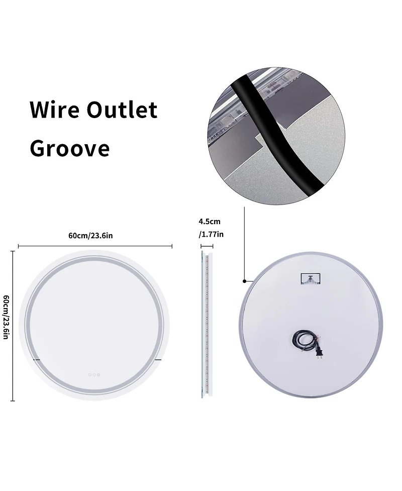 Luvodi 24" Round Dimmable Wall Mounted Led Bathroom Mirror Smart Mirror Anti Fog with Touch Switch