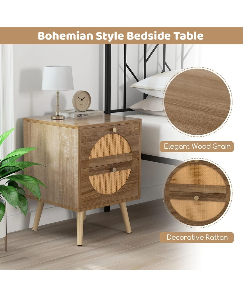 Sugift Set of 2 Rattan Nightstand with 2 Drawers and Solid Wood Legs