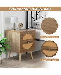 Sugift Set of 2 Rattan Nightstand with 2 Drawers and Solid Wood Legs