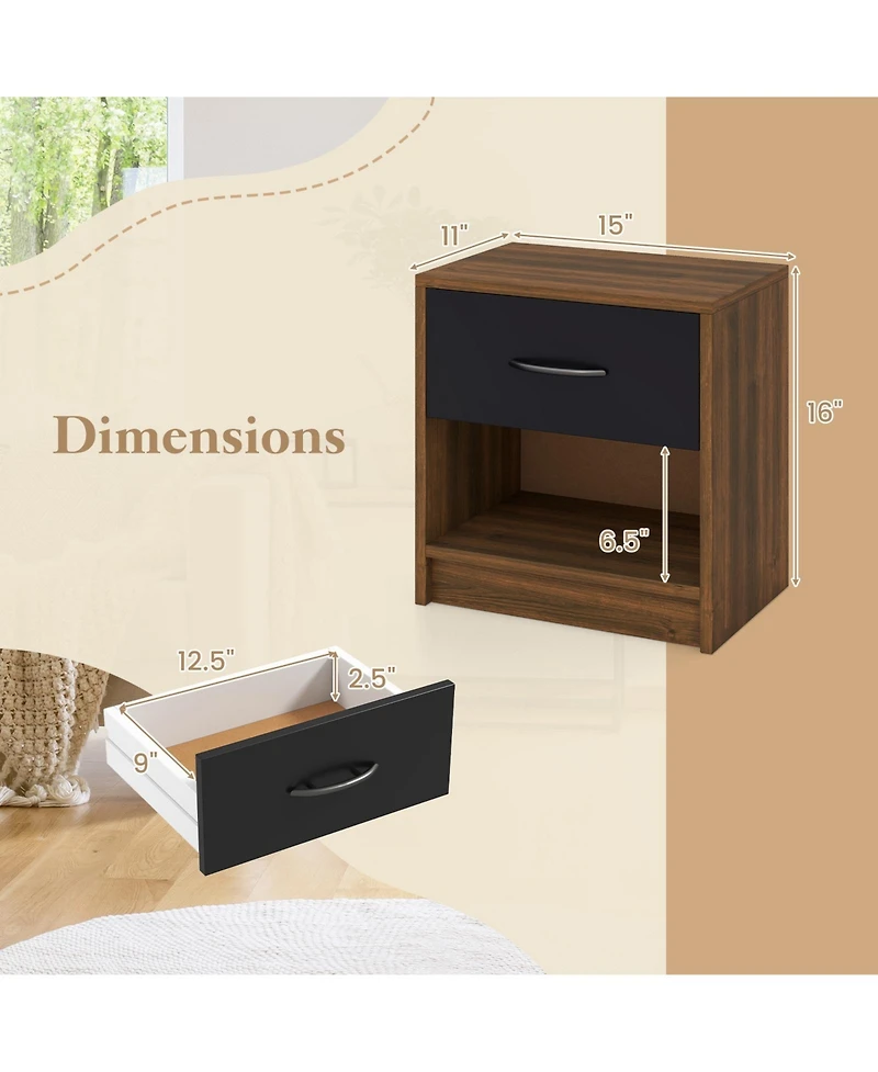 Sugift Bedside Table Nightstand with Drawer and Open Storage Shelf