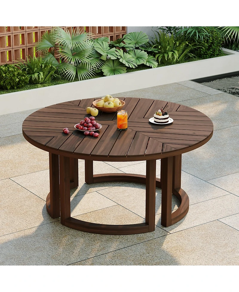 Rainsken 59" Round Patio Dining Table, Herringbone Pattern Acacia Wood Table with Umbrella Hole and Circular Base for Garden, Poolside and Backyard