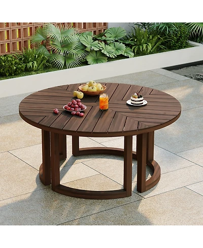 Rainsken 59" Round Patio Dining Table, Herringbone Pattern Acacia Wood Table with Umbrella Hole and Circular Base for Garden, Poolside and Backyard
