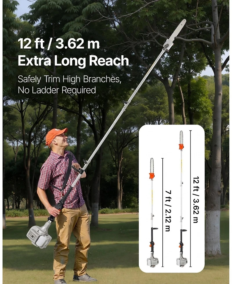 Sugift Gas Pole Saw, 25CC, 12" Cutting Bar, Extendable for Tree Trimming, Pruning
