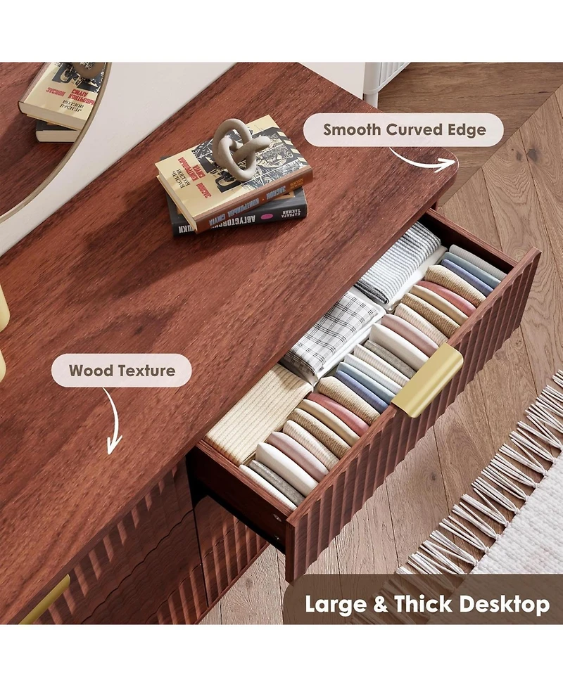 gaomon Walnut Modern Fluted 6-Drawer Dresser, Curved Profile with Handles for Bedroom