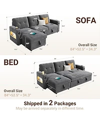 gaomon 84" Sleeper Sofa with Storage and Charging Station, Convertible Sectional Couch Bed Led Lights, Reversible Chaise, Pull Out