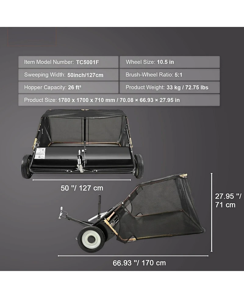 Sugift Tow Behind Lawn Sweeper, 50 in, 26 cu. ft Capacity, Adjustable Sweeping Height