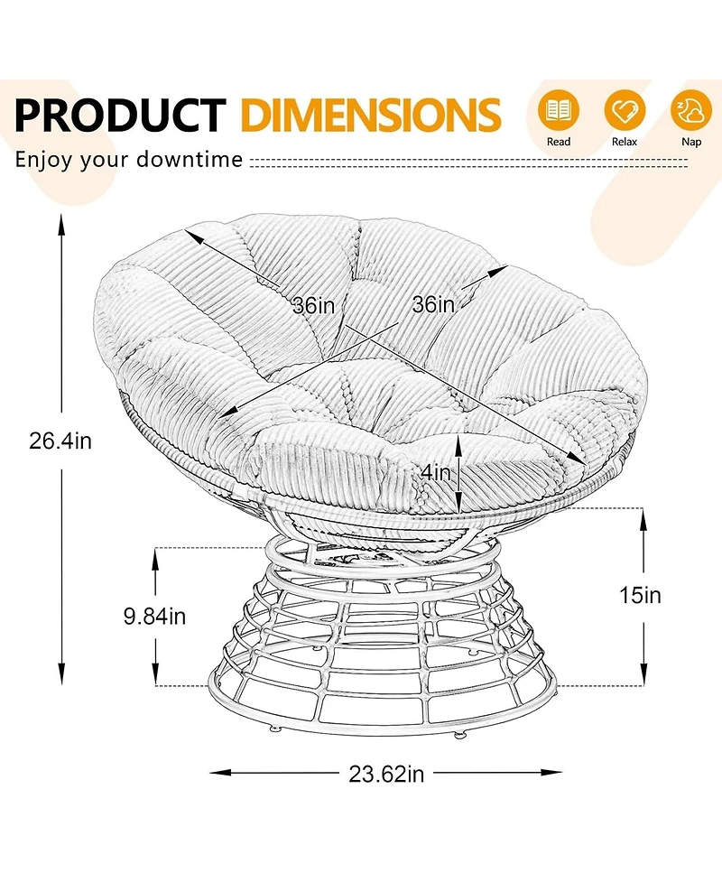 Rainsken 360degree(s) Swivel Rattan Lounge Chair, Wicker Papasan Seat with Plush Cushion, Sturdy Frame Holds Up to 300 Lbs for Bedroom and Balcony