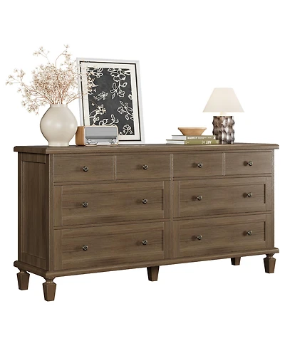 gaomon Bedroom 59" 8-Drawer Dresser Tv Stand, Wood Storage Chest with Carved Handles and Tapered Legs.