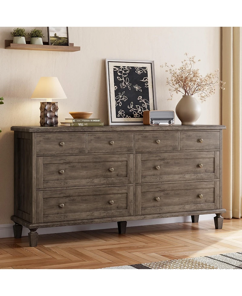gaomon Bedroom 59" 8-Drawer Dresser Tv Stand, Wood Storage Chest with Carved Handles and Tapered Legs.