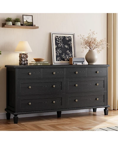 gaomon Bedroom 59" 8-Drawer Dresser Tv Stand, Wood Storage Chest with Carved Handles and Tapered Legs.