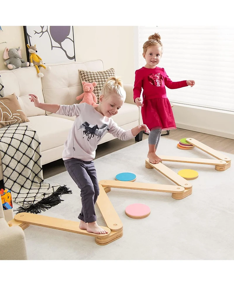Slickblue 12-Piece Kids Wooden Balance Beam with Colorful Steeping Stones