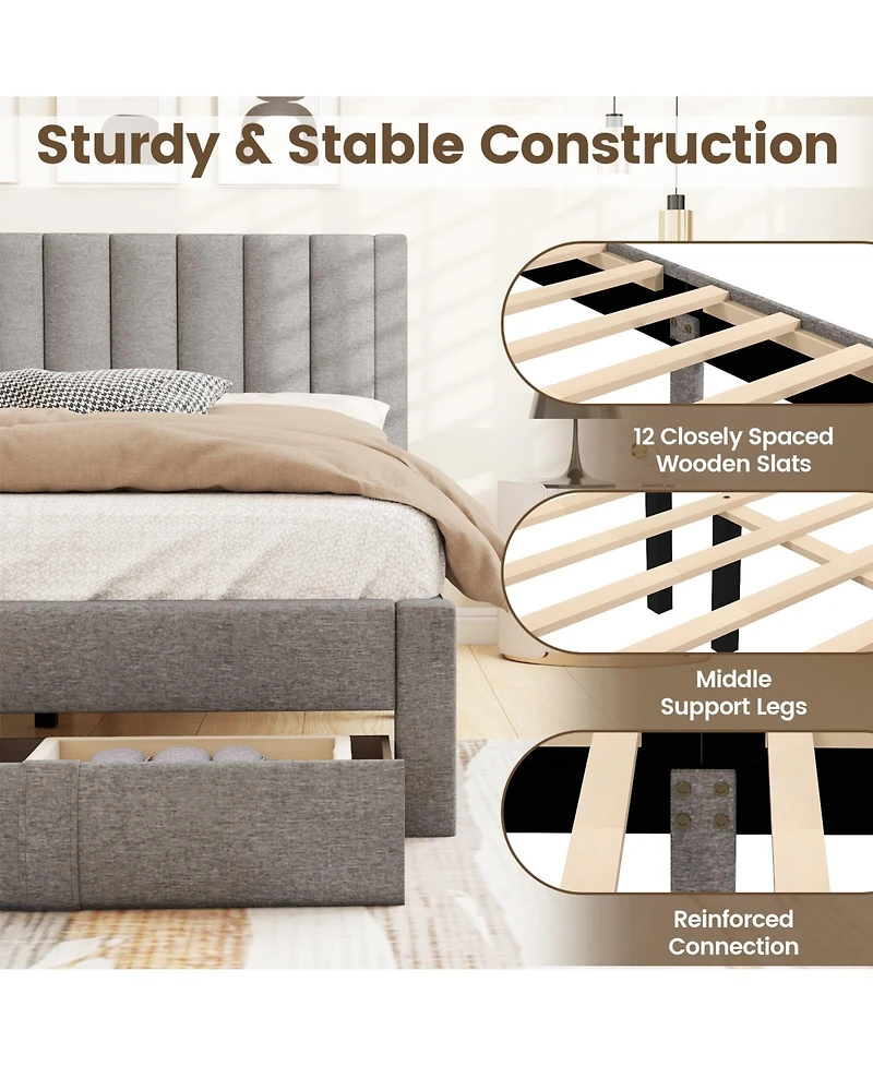 Sugift Queen Size Bed Frame with Storage Drawer and Vertical Channel Headboard