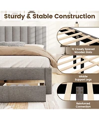 Sugift Queen Size Bed Frame with Storage Drawer and Vertical Channel Headboard