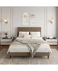 homfan upholstered platform bed with headboard, modern low profile design, sturdy metal frame, wood slats, noise free, no box spring