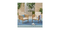Flynama Outdoor Acacia Wood Patio Conversation Set with 2 Club Chairs Foldable End Table Brown Patina Cream Cushion for Garden Deck