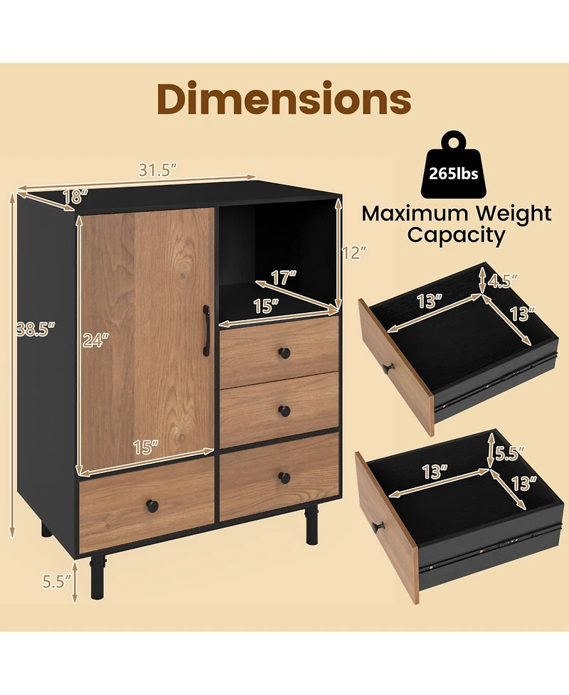 Gouun Mid Century Buffet Sideboard with 4 Drawers and Open Compartment