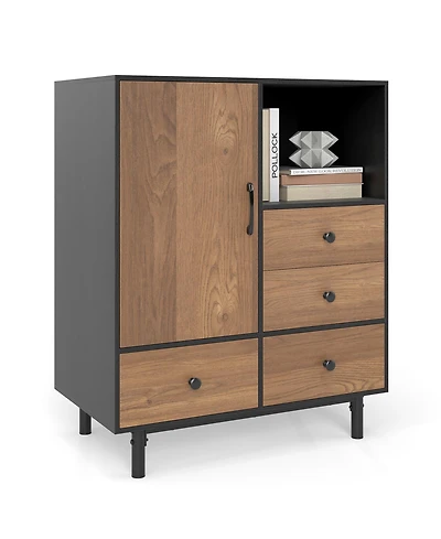 Gouun Mid Century Buffet Sideboard with 4 Drawers and Open Compartment