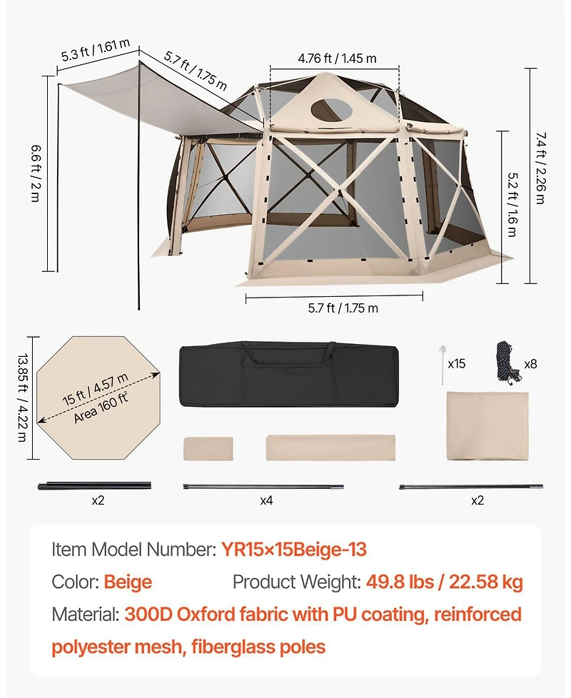 15 x 15 Ft Pop-Up Spherical Gazebo Screen Tent for 12-15 People