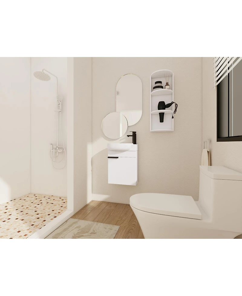 Sillysis 16.8 Inch Bathroom Vanity with 3-Tier Storage Rack and Ceramic Sink, Black Wall Mounted Modern Cabinet, Soft Close Door for Small Spaces