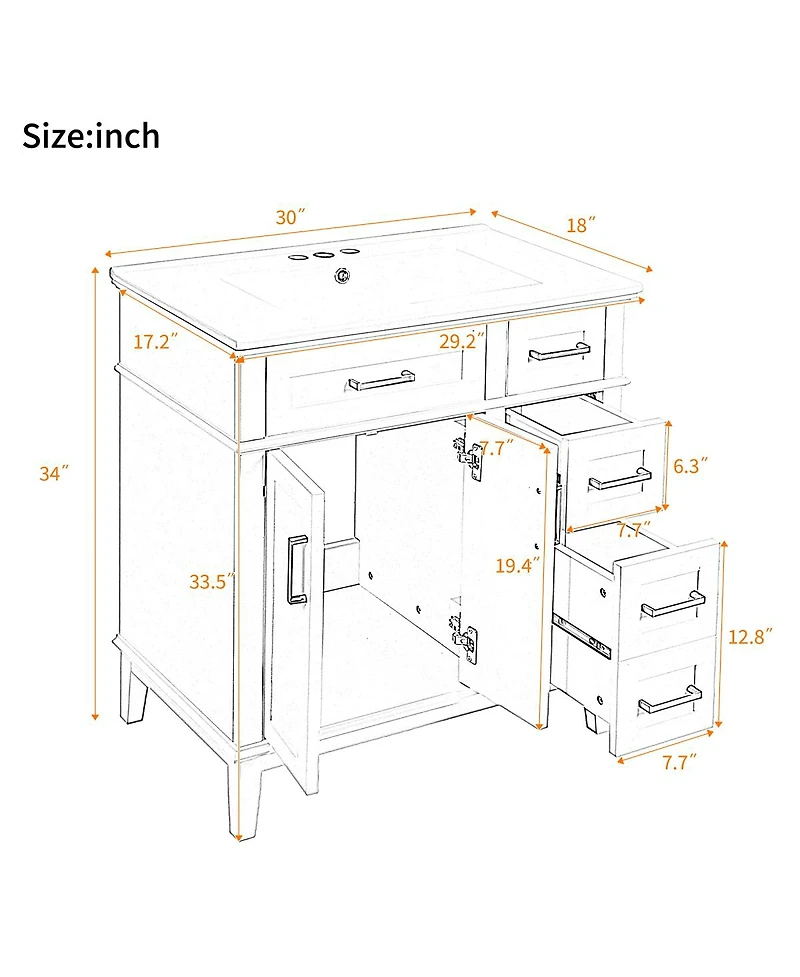 Sillysis 30 Inch Modern Bathroom Vanity with Ceramic Sink, Solid Wood Mdf Freestanding Cabinet, Soft Close Drawers for Small Spaces