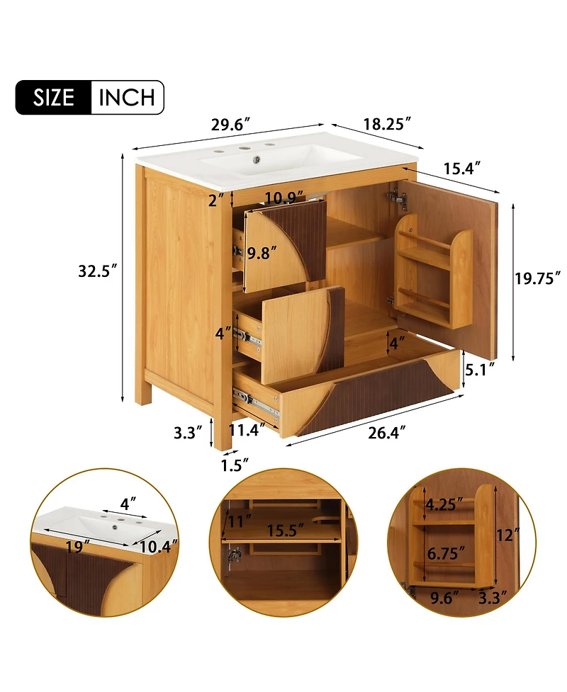 Busdays Mid Century Modern Bathroom Vanity with Sink Freestanding Wood Cabinet 3 Drawers Soft Close Door Two Tone Fluted Panel Design
