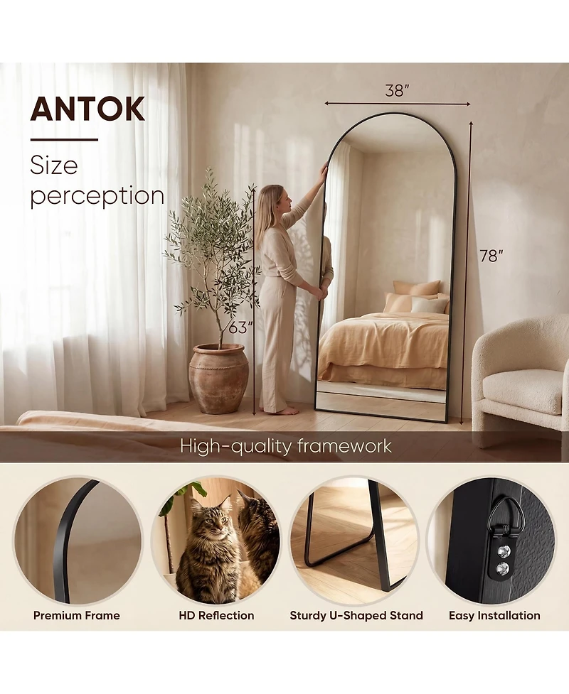 Antok Full Length Mirror, 78"x38" Floor Mirror, Arch Floor Standing Mirror Freestanding Arch Full Body with Stand for Bedroom, Hanging Mount