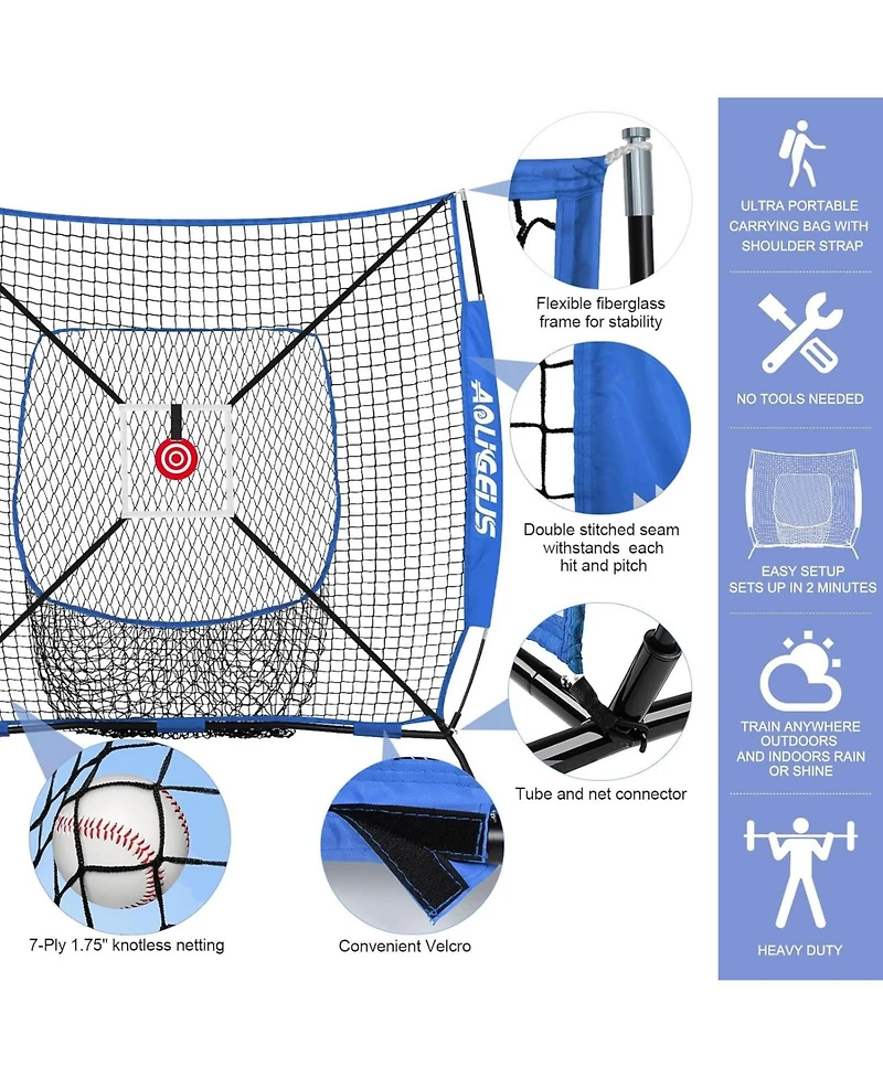 Aoligeijs Baseball Softball Practice Net,Pitching Net,Batting Net,with Baseball Tee,Bonus Strike Zone,Target and Bow Frame,for Hitting,Pitching