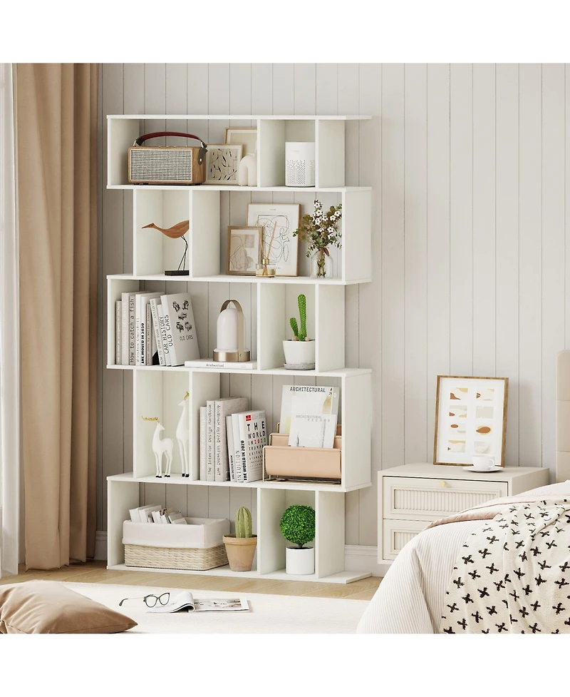 Gouun 5-Tier Geometric Bookshelf with Open and Closed-Back Cubes, 35.5 x 8.5 x 62