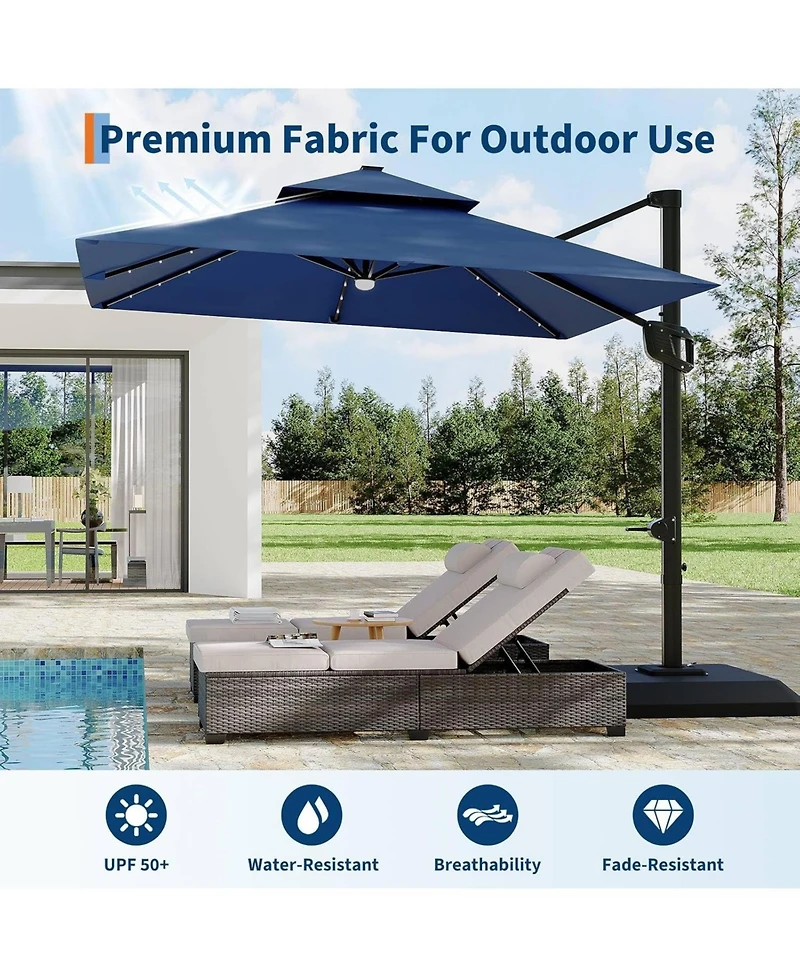 gaomon 10 ft Solar Lights Cantilever Patio Umbrella with Base Included, 360degree(s) Rotation Offset Umbrella, Easy Crank and Tilt Adjustment