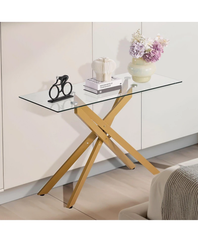 Gouun Tempered Glass Rectangle Coffee Table with Metal Cross-Leg Frame