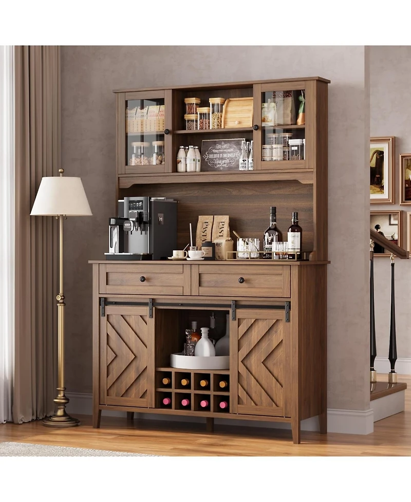 gaomon Sliding Barn Door High Bar Cabinet Farmhouse, Large Kitchen Buffet with Hutch Wine Storage