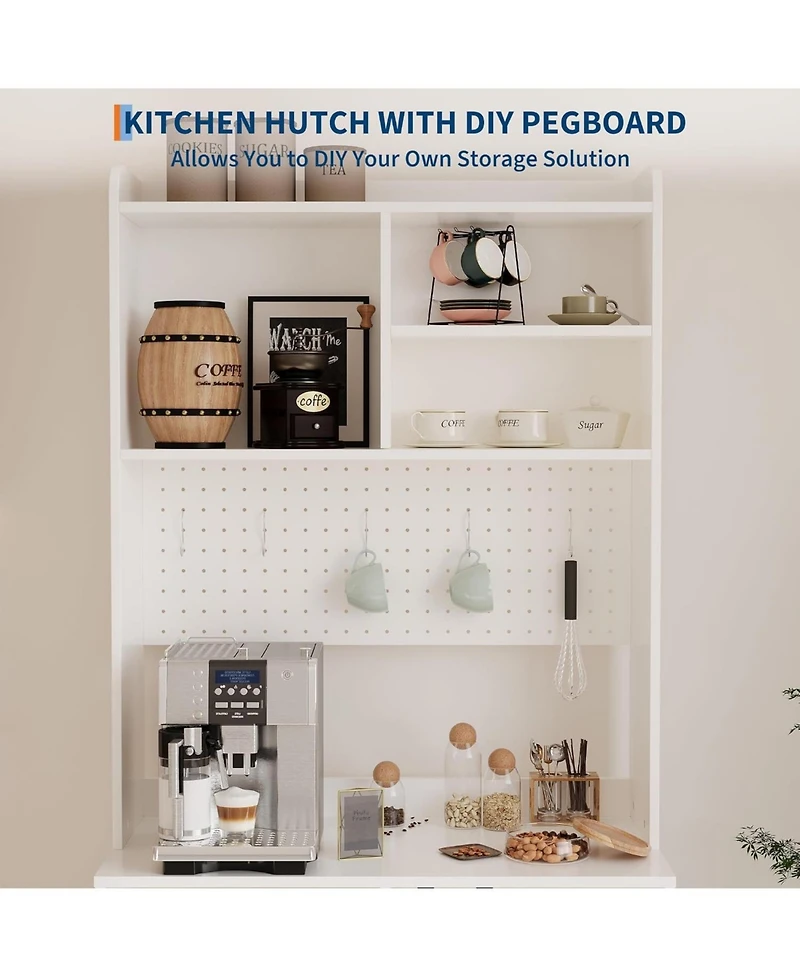 gaomon Pantry Cabinet 6 Tier Freestanding Tall Cupboard Storage Unit with Pegboard 2 Cabinets Open Shelves Glass Doors