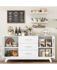 gaomon Modern Sideboard Buffet Cabinet with 3 Drawers Adjustable Shelves and Fluted Glass Doors