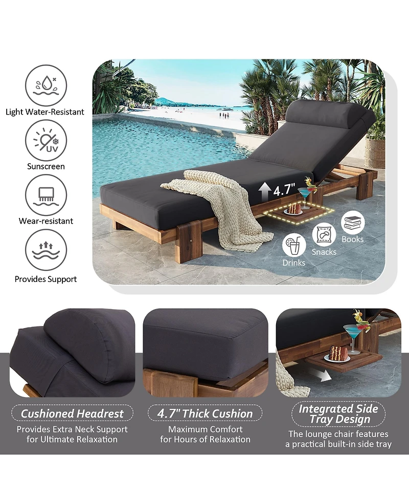 Rainsken 78.8'' Outdoor Chaise Lounge Chair, Acacia Wood Reclining Chair with Headrest, Retractable Side Tray and Adjustable Backrest for Beach